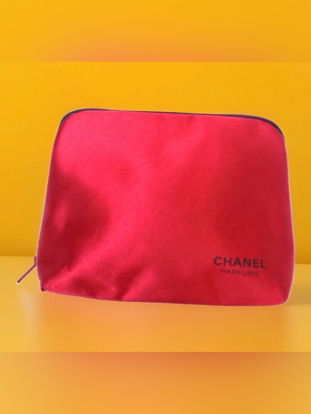 CHANEL Red Satin Cosmetic Pouch with Logo NWOT 9”W x 7”H x 3.5”D - Picture 5 of 6